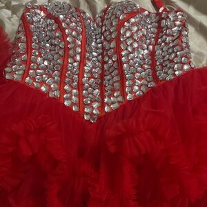 Red Strapless Dress with Rhinestone Embellishments